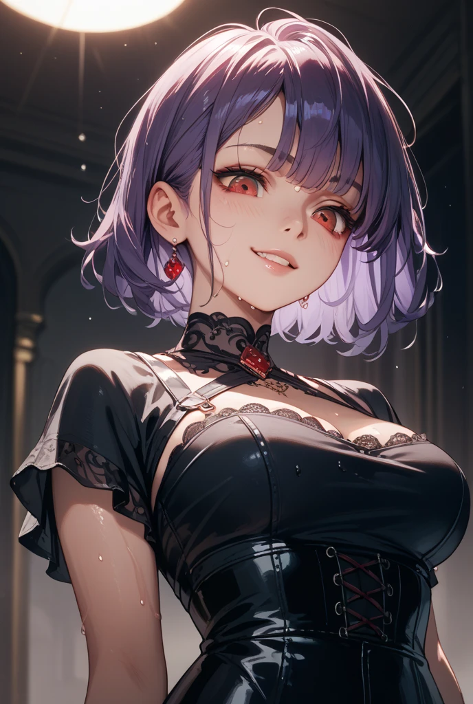 Highest quality, 8K, 4K, High resolution, (Beautifully detailed face), High Contrast,1girl,only,short hair,purple hair,heterochromia(red eyes,blue eyes),Upper Eye,Large Breasts,night,Punk clothing
