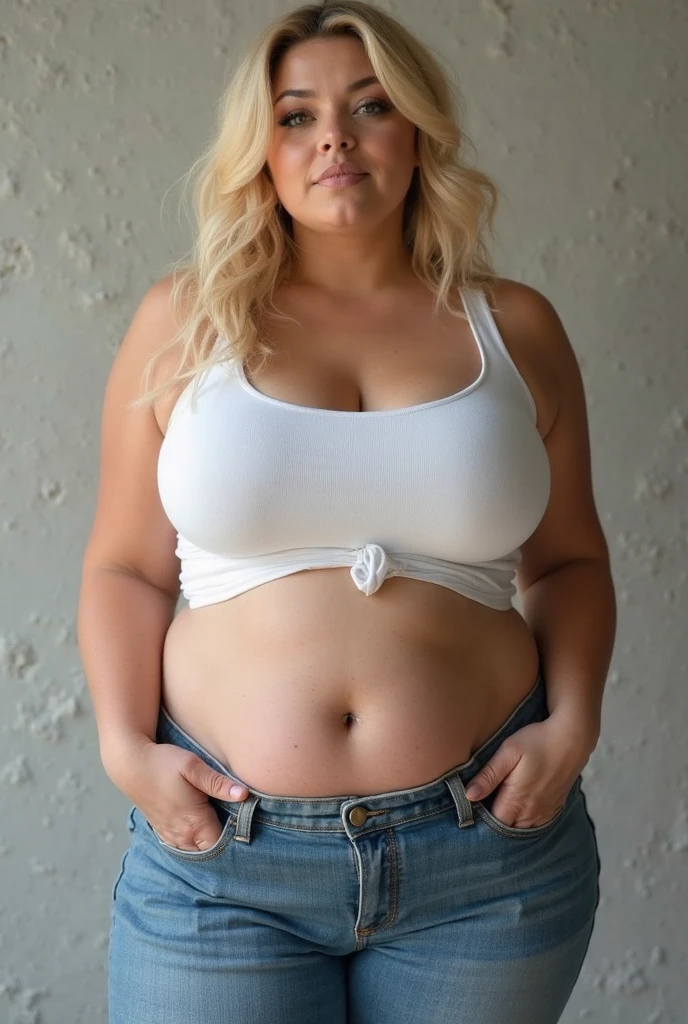 Beautiful extrem obese girl with wavy long blond hair, wears grey pants, fat belly, extrem fat thighs
