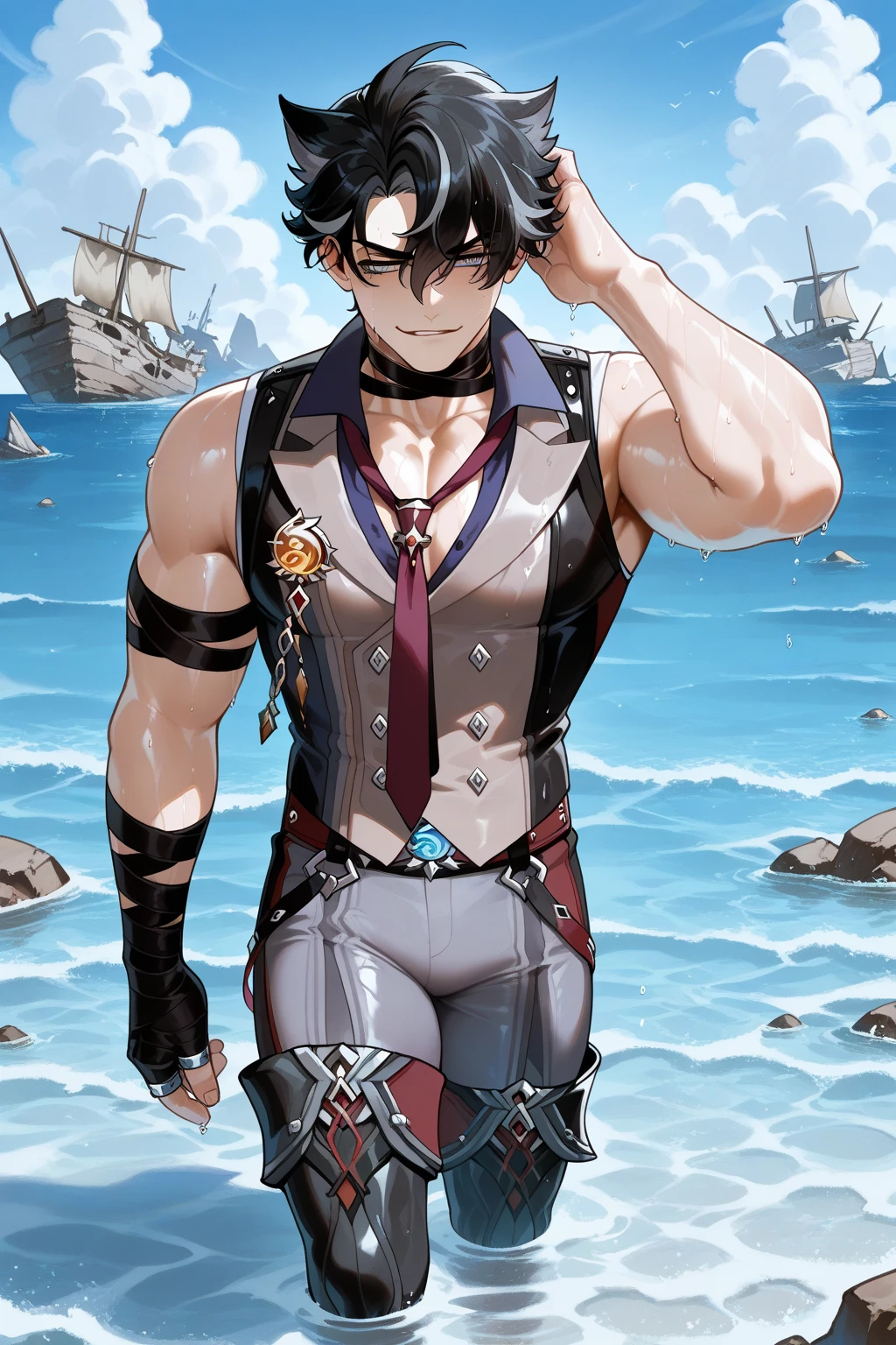 man, white skin, smile, black hair, sea, Namor, marvel HQ, iron bracelets, black suit with chest opening