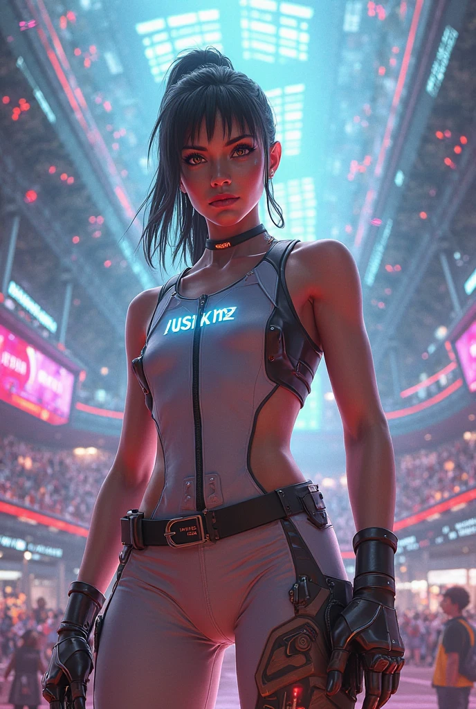 Lucy \(cyberpunk\), masterpiece, High detail, 8k, 1girl, hime cut, black hair, parted bangs, tank top, has, cyberpunk \(series\)