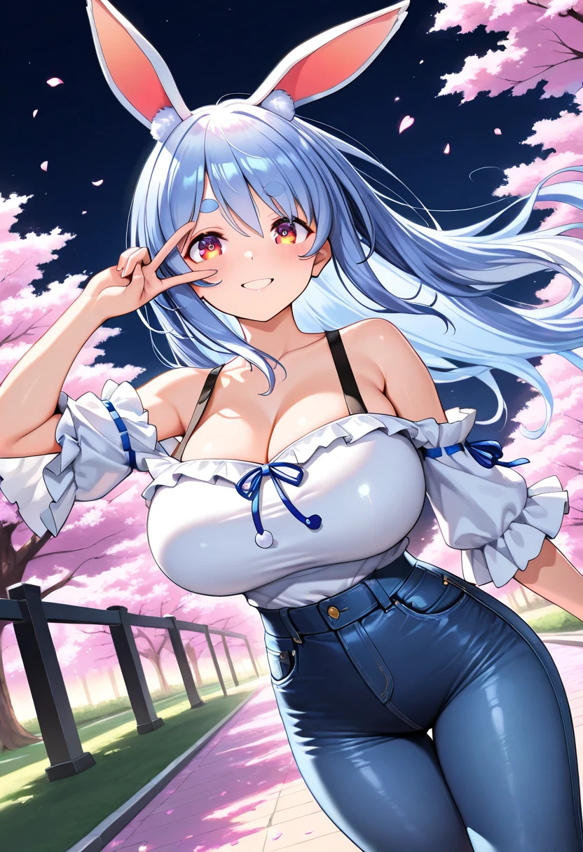 Anime demon girl, large breasts, topless, bottomless, cherry blossoms floating in the air, colorful illustration, ultra-detailed, realistic, vivid colors, portraits, soft pastel tones, ethereal lighting, 8k, top quality, glowing shiny eyes, silver hair