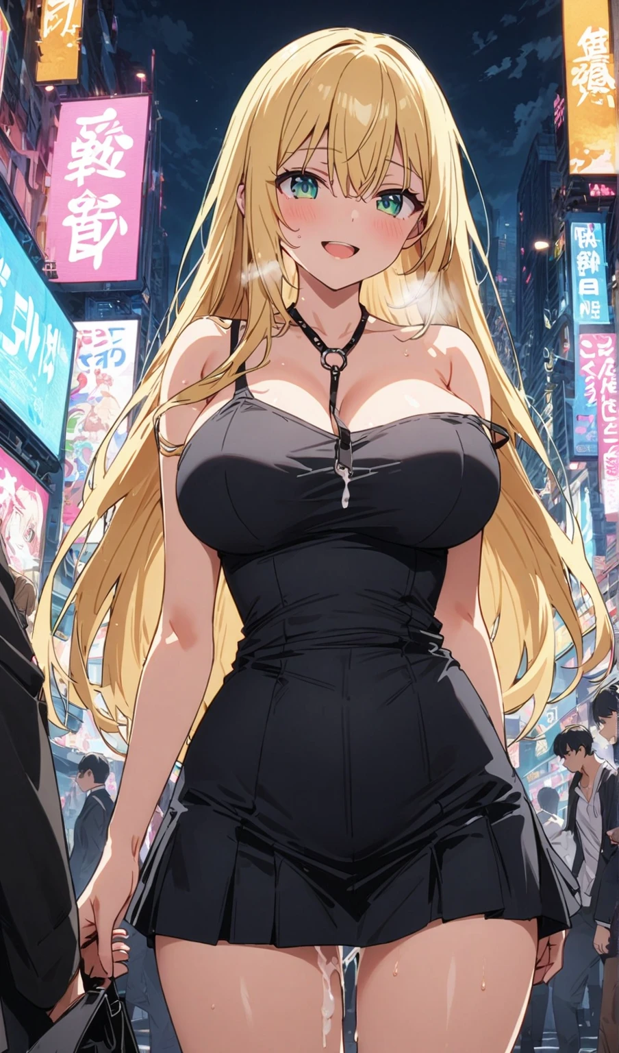 (masterpiece:1.37), best quality, (extremely detailed:1.37), woman, mature, adult, large breasts, very long hair, (straight hair:1.5), blonde hair, blue eyes, (extremely detailed eyes:1.37), crop top, cleavage, navel, jeans, open fly, (groin:1.25), desperation, (wetting: self 3.0), standing, city, futuristic, neon lighting, high-tech, street