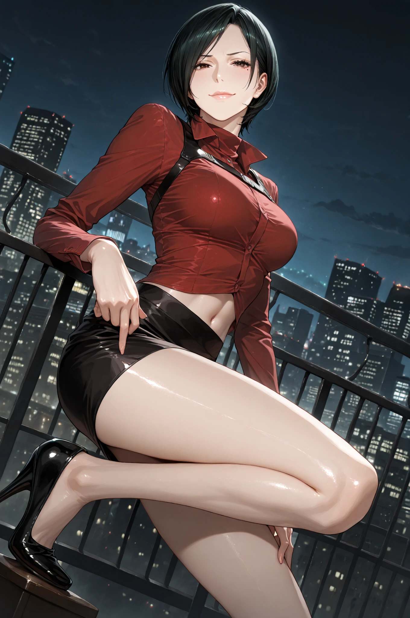 （（super high quality,Ultra-high resolution,4K,8k,super masterpiece,Ultra HD））By the window in the morning sun, （（A sexy mature woman,））,（（popped collar Red shirts,（Sleeves folded back to the elbow,（Black long gloves））,Black pants with a glossy finish,Black long boots）,Tight collar,）Black hair straight short,Sharp Eyes,Open chest,Cleavage,slouch,Place one hand on hip,Provocative smile,Necklace with a cross,sexy,