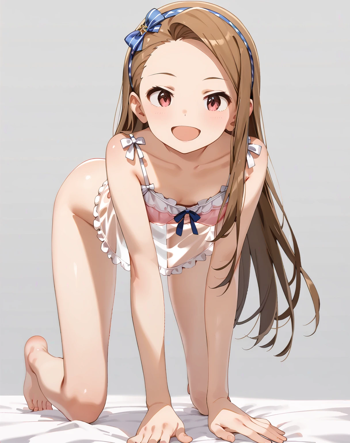 Minami kotori, perfect cute girl, blush, full body, completely naked, embarrassed, hands coverint crotch, street background,
