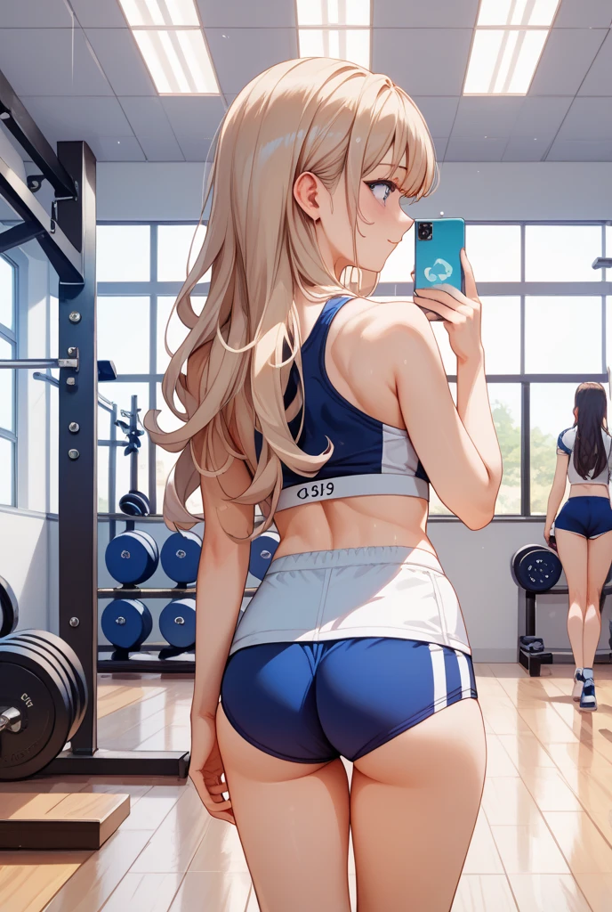 Emilia re:zero, purple eyes, Emilia, crown braid, x hair ornament, flower hair ornament, white hair, long hair, medium breasts, anime girl in black tights taking a selfie in a gym, thicc, toned derriere, in a gym, fit girl, beautiful anime girl squatting, working out, focus her back, thighs!!!!!!, bending over, thighs focus, thighs!!!, chun li at the gym, shapely toned derriere, silver hair (ponytail), muscular girl