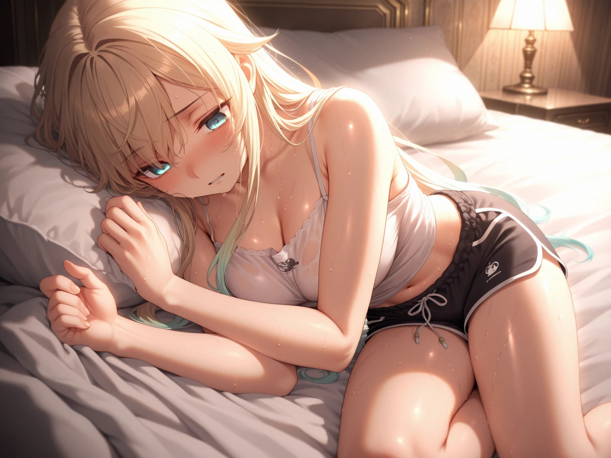 Highest quality, Soft Light, Ultra-high resolution,People Girls, alone, sexy, (A teasing smile), (Open your mouth:1.2),(Green Eyes), Beautiful face in every detail,(High resolution detail of human skin texture), (White curly long hair), break,(Sweat:1.1),Sigh,Saliva dripping from the mouth,White hoodie,bra,White shorts,Half-naked,Put your hands in your hair,On both knees,bed,Looking up at the viewer,(Fellatio gestures:1.1),Spread your legs