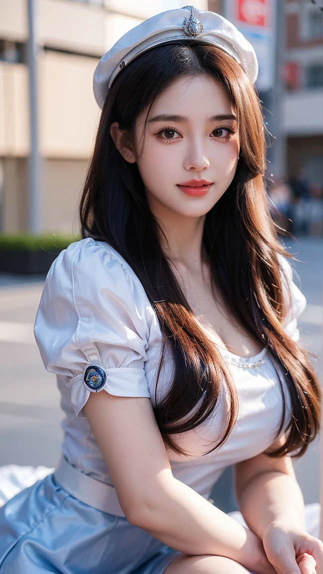 Ultra High Definition, Superior Quality, Premier Quality, ultra detailed, Photorealistic, 8k, RAW Photos, highest quality, masterpiece, Attractive girl, Stunning girl, Brown Hair, Shoulder Length Layered, asymmetrical bangs, K-pop Idol, Sophisticated girl, white shirt with collar, Shibuya,