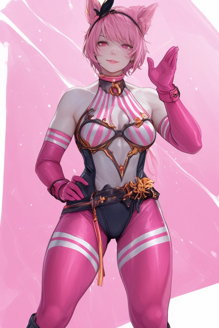 masterpiece:2, best quality:2, highly detailed:2, 8k, gradient pink background, anime, 1girl\(20-year-old, ORC, grinning, athletic:1.2, muscular:1.2, abs:1.2, long legs:1.4, short pink hair, big breasts, pink stockings, pink thigh boots with high heels, revealing clothes:1.2, slender waist, tight butts, beautiful face, red eyes, dynamic pose\), full-body image:1.2