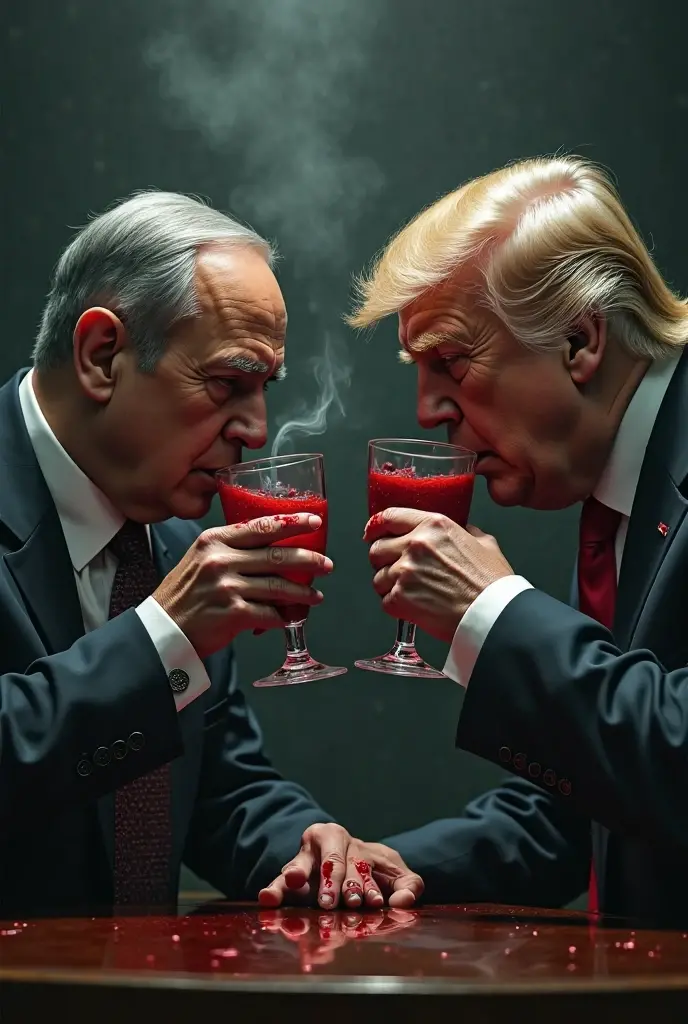 caricature de trump et poutine qui prennent un bain dans un endroit coquet. dans du sang