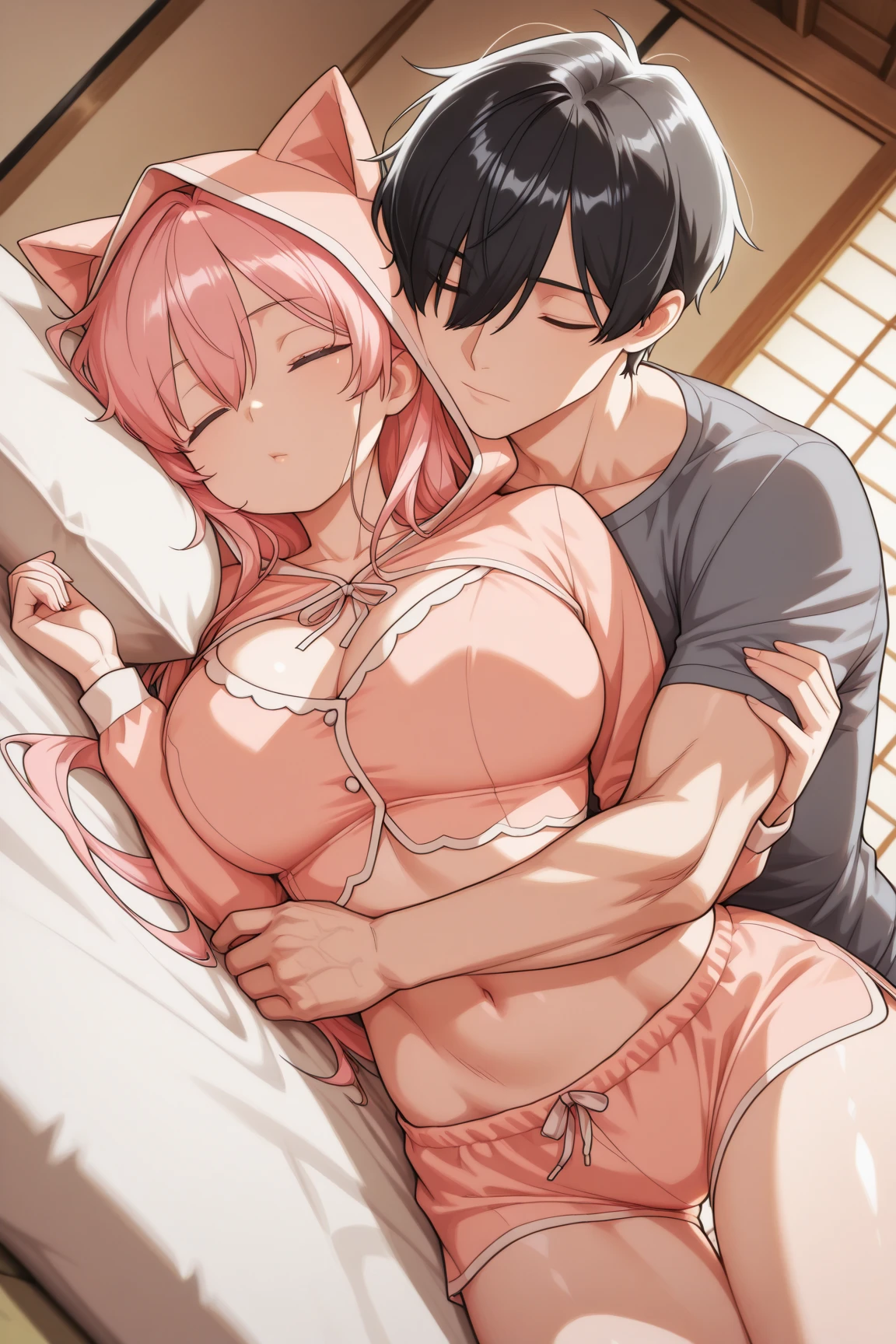 One Woman、One boy、One Shota、private teacher、Big Breasts、Pink Hair、long hair、Ahoge、Kind older sister、Pink Glasses、Green Eyes、Smile、naked、Light pink small nipples、Bedroom、On the bed、Droopy eyes、A woman finds a boy、Missionary sex while hugging、The woman has her eyes open and the boy has his eyes closed