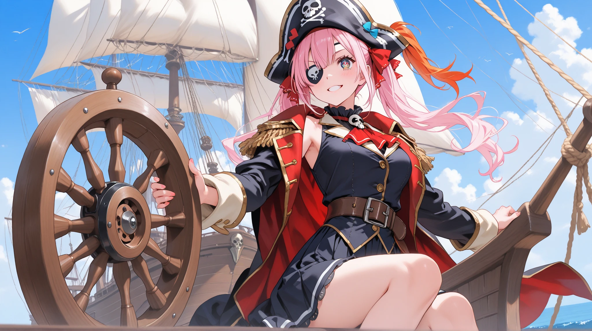 masterpiece, best quality, <lora:mast-nikke-richy-v2:1> mastdef, hat, white coat, belt, epaulettes, shorts, cleavage, choker, black gloves, jacket on shoulders, large breasts   <lora:style_onmyoji-20:1> border, chibi, ocean, (sailboat:1.3), smile, furrowed brow, fang