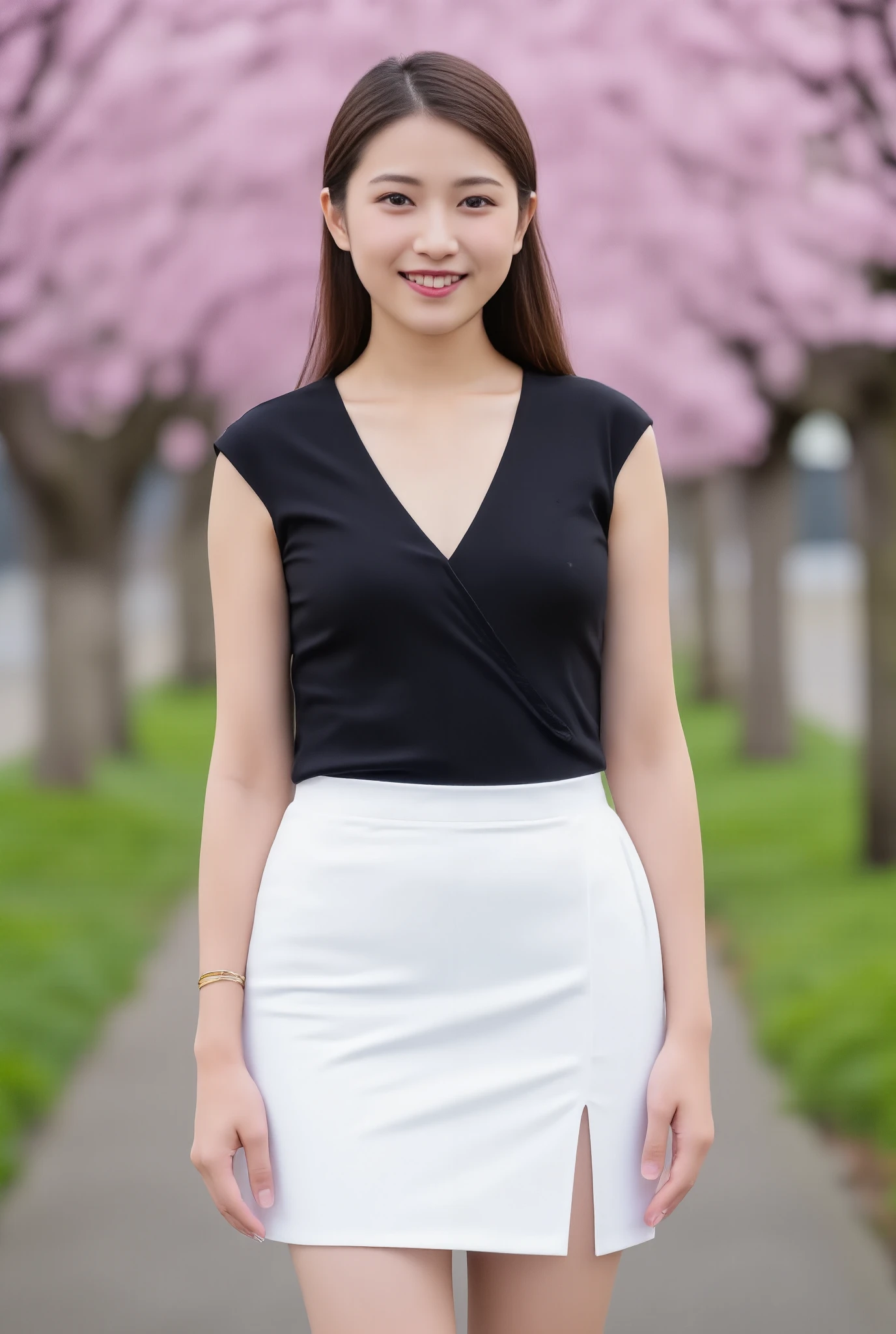 4 Japanese women in their 20s,The 4 prettiest women,4 people walk side by side through cherry blossom trees,4 Extremely Beautiful Women with a Thin Waist,H cup,Nipples are not visible,I won't show,hide,deep v-neck,Black Sleeveless Top That Fits Your Body,Unflinching,white pretty short pencil miniskirt with slits,wearing beige high heels,Long Hair That Extends to the Chest,model hand ,Beautiful mature woman with red lipstick, with pierced ears ,Gold bracelet on left wrist,gold necklace,Smile Yan,looking at the camera,stare,high resolution,top quality