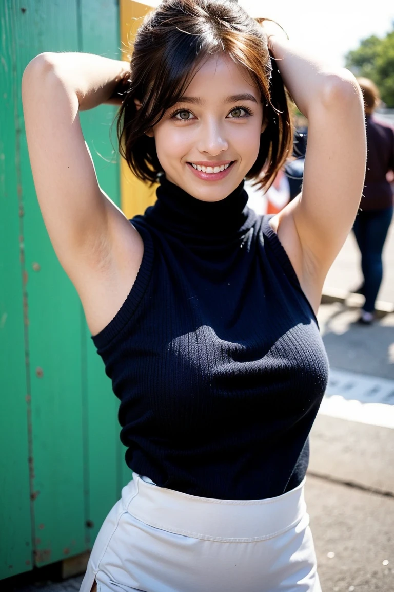 (Best Quality, 8k, 32k, Masterpiece, UHD: 1.2), Cute Japan Woman Pictures, Black Short Hair, Beautiful Face, (Slouch: 1.3), Squatting, (From Top: 1.2), (Close-Up: 1.4), POV, Loose Tank Top, Big Breasts, (Beautiful Nipple Slip: 0.9), Outdoor, Wind, Glossy Skin, Blurry Background, Necklace, Earrings, Beautiful Knees, Fine Skin, Smiling smile