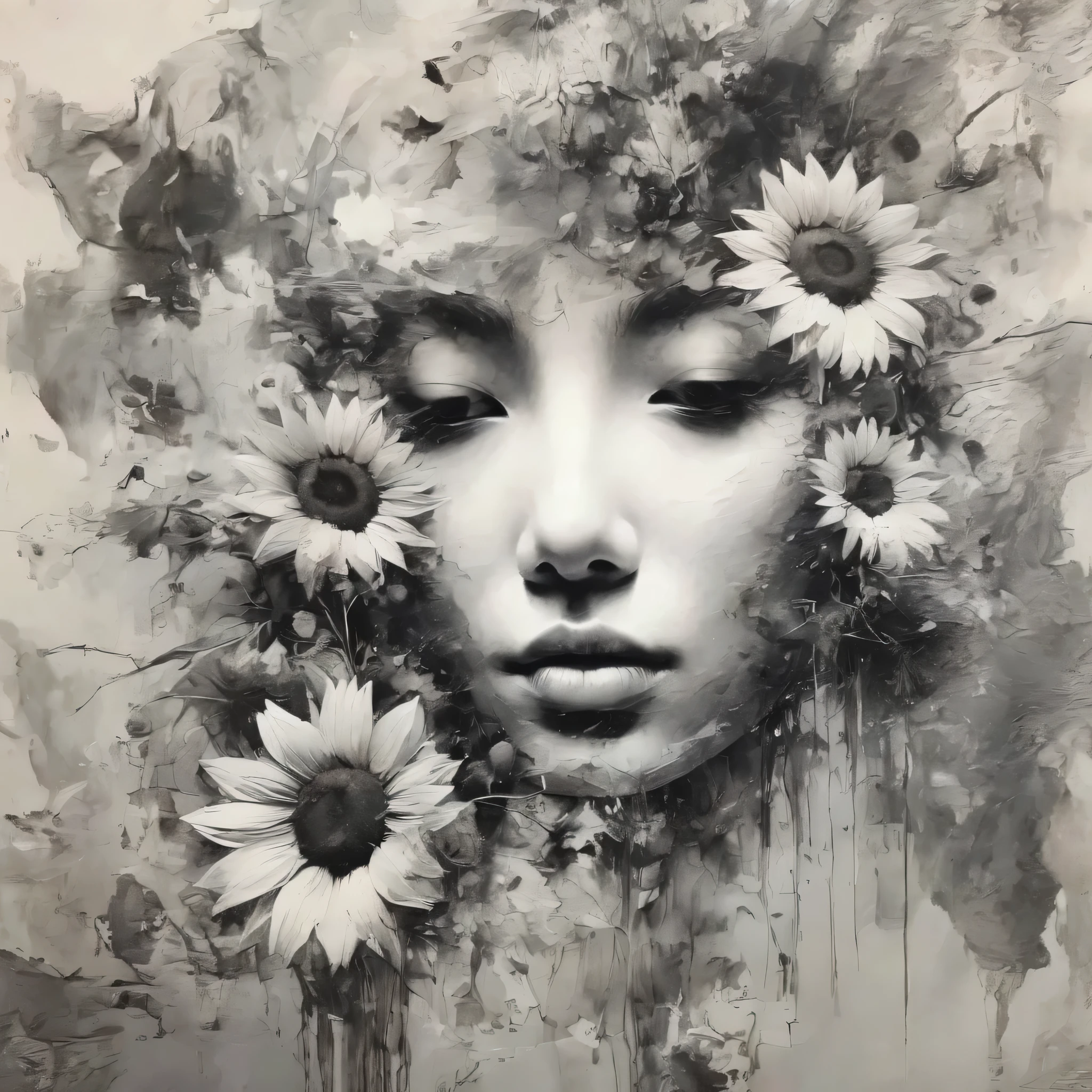 A lot of sunflowers are blooming 、(anime line drawing:1.5)，(black and white painting:1.45)，Minimalism，(Line Art:1.6)，sketch，   Charcoal Drawing   ，mask，Flower,in a surreal art style illustration、Lots of sunflowers blooming，   Surreal Dreams   ，Dubrec style,(Multiple Exposure：1.8),oil painting