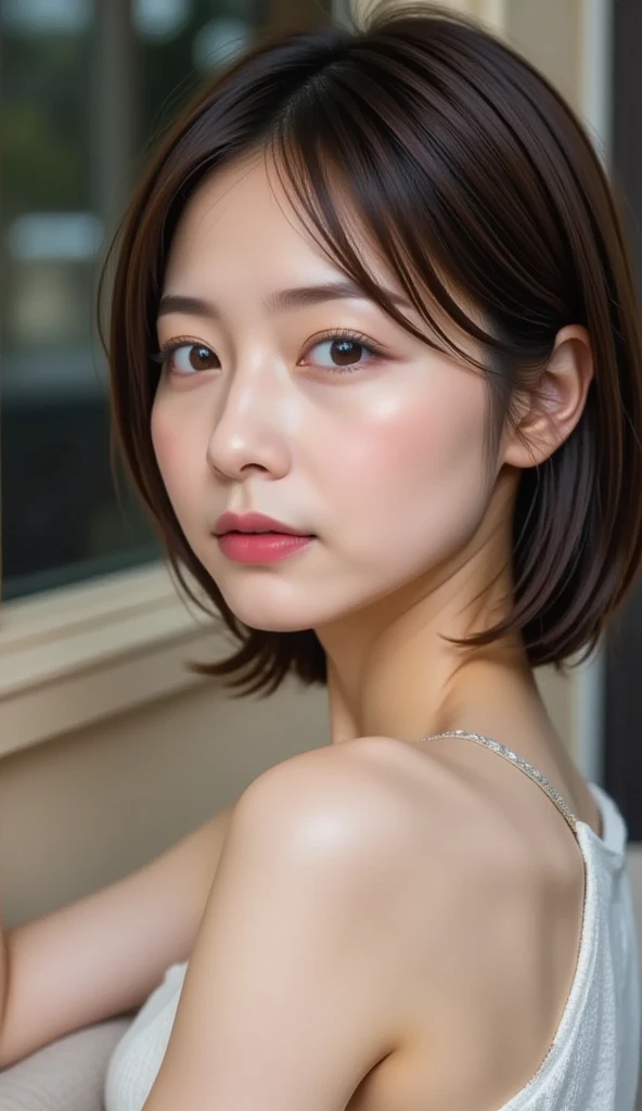 (masterpiece),(Highest quality:1.2),(Very detailed:1.2),(High resolution),(Photorealistic Stick),(RAW Photos),8K,Backlight,(Depth of written boundary),(Sleek lighting:1.2),Close-up of a clothed woman,Soft portrait shots,Beautiful Japanese Women,Gorgeous face portrait,(Eye light,Sharp pupils,Detailed eye drawing,)Very beautiful face,(Detailed skin texture:1.3),Beautiful portrait,A lovely and delicate face,Beautiful young Japanese woman,Short Bob,Look this way,front,(POV shot),(sleepy)