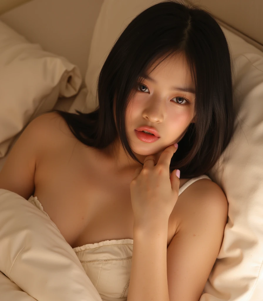 best image quality、RAW photo、超A high resolution、close up of face、8 year old pretty girl、Shooting for one person only、small breasts、beautiful clavicle、Tank top、gentle eyes、Beautiful eyes in every detail、very long term、beautiful eyelashes、beautiful double eyelids、thick and dark eyebrows、sleeping on my back in a big bed、random colored hair、Curly Short Bob、dark, thick, thick eyebrows、plump cheeks、smile、lightweight、Tourism Eyebrows、droopy eyes、amazing curly hair、small lips、no makeup、Quiet Girl、black eye