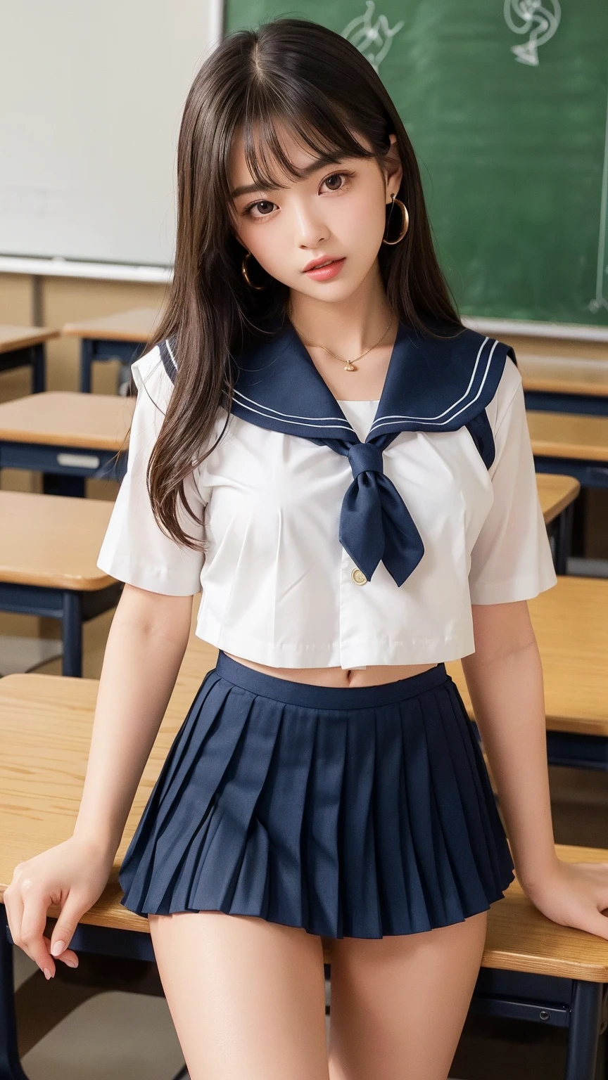 (Obra maestra, of the highest quality:1.2), 8k, joven hermosa chica, 85mm,Foto oficial AR RAW, cara de bebe、Big breasts dressed, show me your ears、Photoshoot, cara linda, muslos, classroom after school, mirando al espectador, embarazoso、sonrisa、Sin maquillaje, film grain, chromatic aberration, sharp focus, luz de la cara, Clear lighting, Diez generaciones, cara detallada, bokeh de fondo、((((((16 year old high school girl))))))、cintura delgada、traje de marinero、minifalda azul oscuro、levanta la falda con una'las manos、Small white panties、wet、abre tus piernas