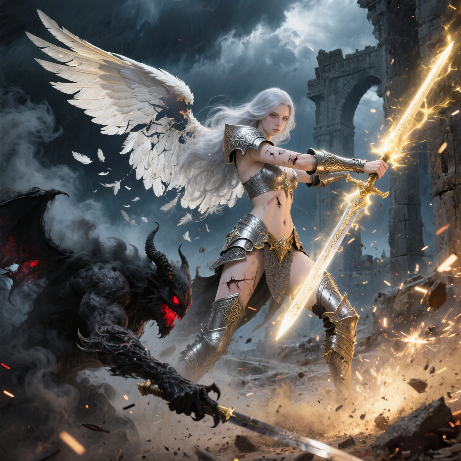 Numerous award-winning masterpieces, (((woman))), with incredible details, textures and maximum detail), (full-length standing image:1.8), (upper body up:0.2), (hyper realistic :1.4), (Realistic:1.3), (Best quality real texture skin), (Hell Demon Warrior: 1.6), (Holds a sinister straight sword hilt that emits a glow of elaborately decorated hellfire: 1.9), ( finely detailed true circle Symmetrical eyes), (Finely drawn beautiful face), ((medieval world)), (Full body armor with delicate decoration that gives off a sinister glow: 1.8), (bare breasts) (((topless))) , (standing full-length image: 1.8), (Beautiful but evil eyes), (Opens his mouth wide and laughs happily), (Smiling cruelly), (Eyes of a sinister color full of malice), (The halo of fetid light of fallen angel from evil god's glow floating above: 1.8), (Majestic storm clouds and sky with bright lightning: 1.4), (halo optical phenomenon: 1.3), dramatic light, Majestic view, (Large wings with feathers of jet black color behind the shoulders:1.7), (((Folded wings))), (((topless))), bare breasts, Crystal earrings in the ears., (((Dramatic photo))), (picture standing full length:1.8),(Sacred Pose),(golden hair),(silver hair),(brown hair),short hair,((looks up)),((looks down)),(Around his neck is a simple necklace of exquisite workmanship), Ancient ruins infested with plants, great temple, great cathedral, Temple ruins, Separate temple, (Luminous magic circle), Ruins of an ancient castle, Deserted ruins, ruined ruins, Ruins ancient with clear water, highly detailed, ultra-realistic, intricate details, painting (artwork), ((masterpiece, best quality)), ((cinematic light)), hyper realistic, fearsome, dark fantasy, holy light, epic realistic , faded, ((neutral colors)), art, (HDR:1.5), (Muted colors:1.2), hyper detailed, (art station:1.5), cinematic, warm lights, light effect, dramatic light, (intricate details :1.1), complex background, (Greg Rutkowski:0.8), (teal and orange:0.4