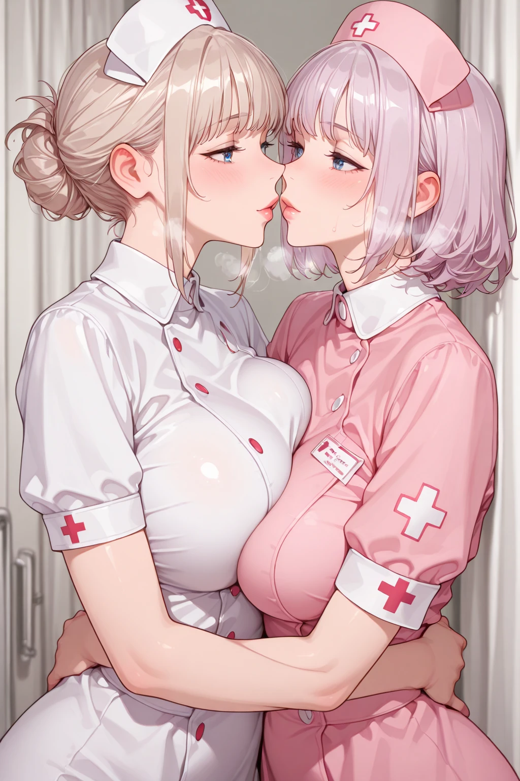 1boy, 2girls, bangs, ((blue surgical gloves)), ((gray doctor outfit)), (((((long sleeves))))), erection, gloved handjob, gloves, handjob, hetero, indoors, latex, latex gloves, looking at dick, penis, pov, uncensored, small penis