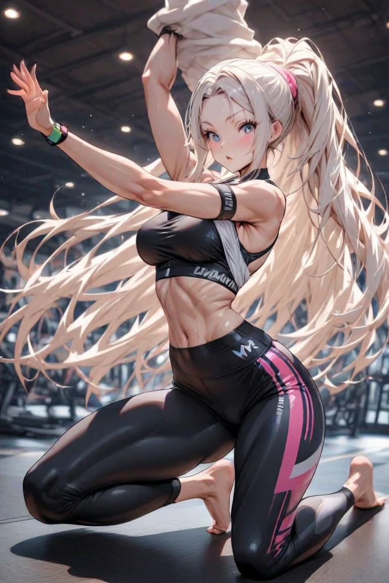 megamanroll, roll, girl, sexy , hole body, ultra-detailed,large breasts, hot, spicy ,solo, green eyes, blonde hair, ponytail, ribbon, long blonde hair, red dress, hair ribbon, green ribbon, sidelocks, boots,  (((masterpiece, best quality, ultra sharp details, ultra sharp body details, ultra sharp skin details))), red gym shorts, black tank top,