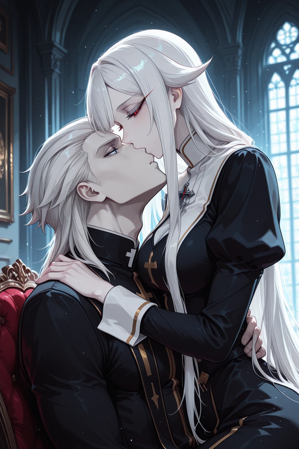 (1man 1girl) A man dressed an a priest of an 18th century, man with silver hair and long hair, Attractive and sexy man, man having sex, rude Penetrated pussy, sinful priest, sexy girl, beautiful woman, Depraved girl, voluptuous girl, princess, queen, Taboo, immoral, tongue kiss, tongue kissed, tongue, lovely face, cum, naked,