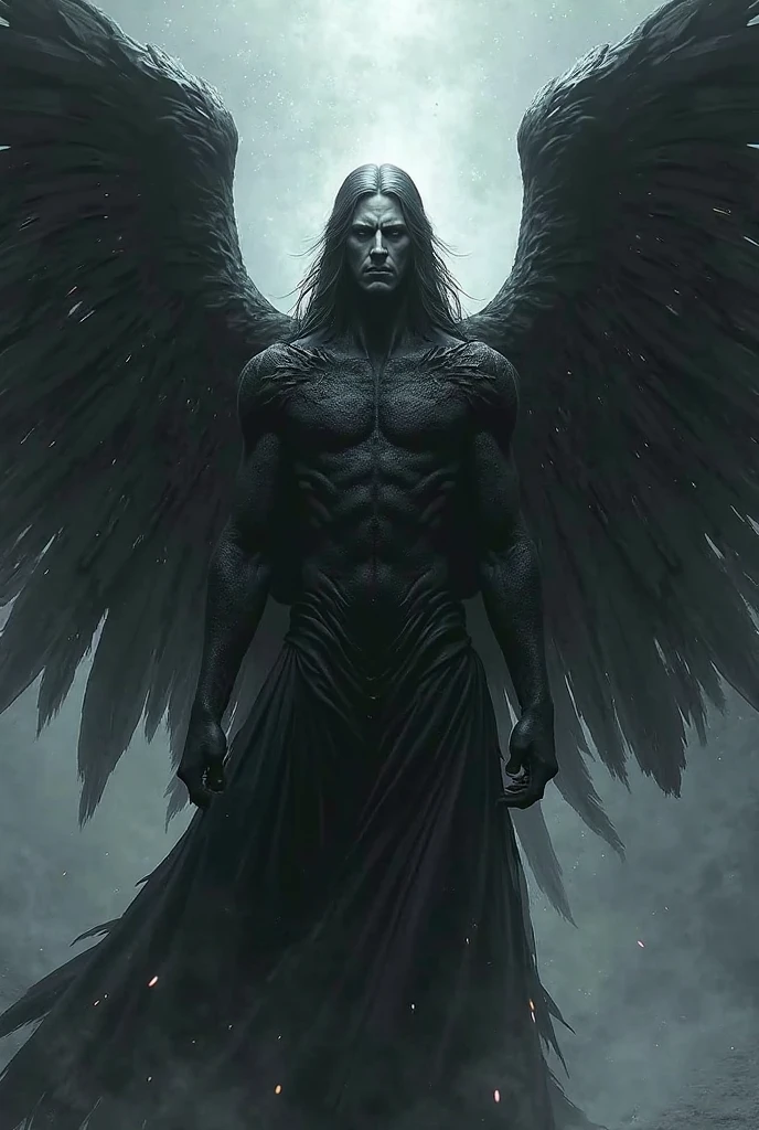 A painting of dark fallen angel Lucifer surrounded by dark wings, black and white Möbius ?????, spinning and tumbling white wings and dark angels, deathcore style, layered image with subtle irony, Himalayan art
