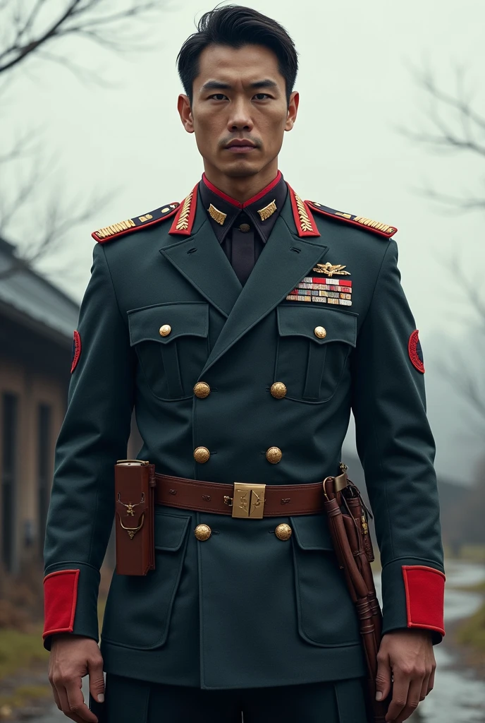 (Top Quality, Ultra High Definition, Photorealistic: 1.4), (cowboy shot:1), 1 boy, (Kpop Idol), Detailed Face, (Hair Style: black:1, uppercut:1), Contrapposto, Perfect Anatomy, Smooth Skin, Professional Lighting, (wear color white black silver),((wearing Futuristic military uniform, military style, High-tech Headset, military suit, racing gloves)), (Cloths colors based on dark green yellow  black), (jungle background),