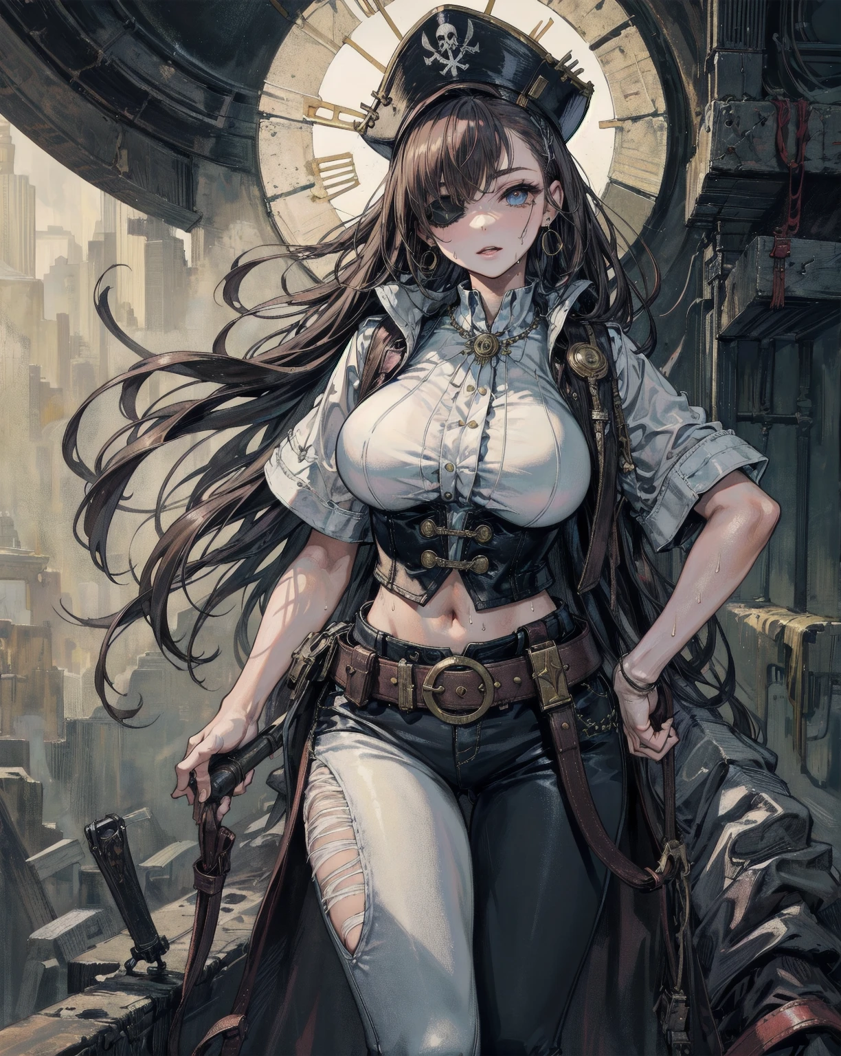 facial closeups，best qualtiy，tmasterpiece，medium boob，4K分辨率，long  skirt，Sexy facial features，largeeyes，Gold earrings and necklace，Long brown wavy hair，Look at the audience with a smile，Dark light，二重まぶた，beautidful eyes，Nordic female facial details，Unbelievably ultra-detailed and shockingly realistic