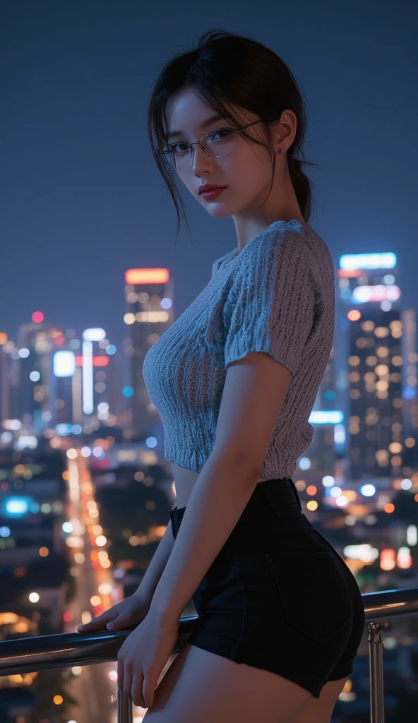 beautiful detailed eyes, beautiful detailed lips, extremely detailed eyes and face, long eyelashes, 1 adult female, profile view, night city, neon lights, backlighting, blue and white theme, small breasts, close up on lips, short hair, blowing in the wind, shiny red lips, closed mouth, blue topaz eyes, slanted eyes, smiling, sitting on bench, cleavage, nylon jacket, detailed pattern, bikini top, loose jeans, high heel sandals, (best quality,4k,8k,highres,masterpiece:1.2),ultra-detailed,(realistic,photorealistic,photo-realistic:1.37),HDR,UHD,studio lighting,ultra-fine painting,sharp focus,physically-based rendering,extreme detail description,professional,vivid colors,bokeh,portrait