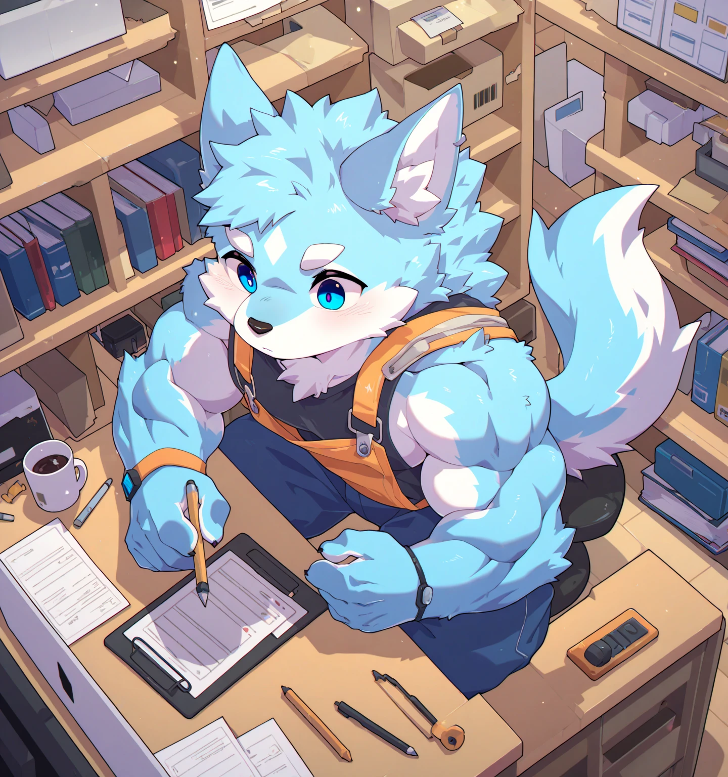 ((best quality)), ((masterpiece)), (detailed), furry, gay, male, , embarrassed, blue wolf,  outline, shy, smiling, work, office, bulge, 