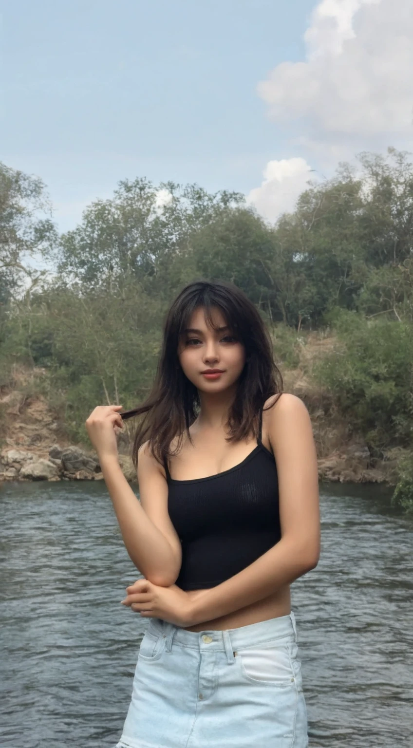 Miley Cyrus wears denim shorts, a black strapless top, and long hair, posing seductively next to a cave, with a waterfall flowing in the distance.