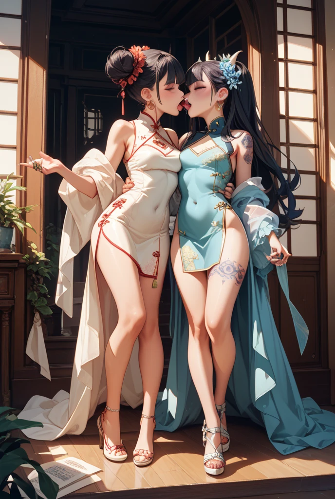 two beauties touching each other, (Transparent shirt: 1.2), (Open shirt), Light clothes, Sleeveless, Two women posing for a photo on bed, Surreal full-body figure, Beautiful and detailed body and face, gorgeous figure, pony tails, Clear, Smile, Moaning, Tease, Surreal full body body, Beautiful and detailed body and face, Extra-long viewing angle, Fair skin, Bright colors, Asian, Blurry, Chinese clothing underwear