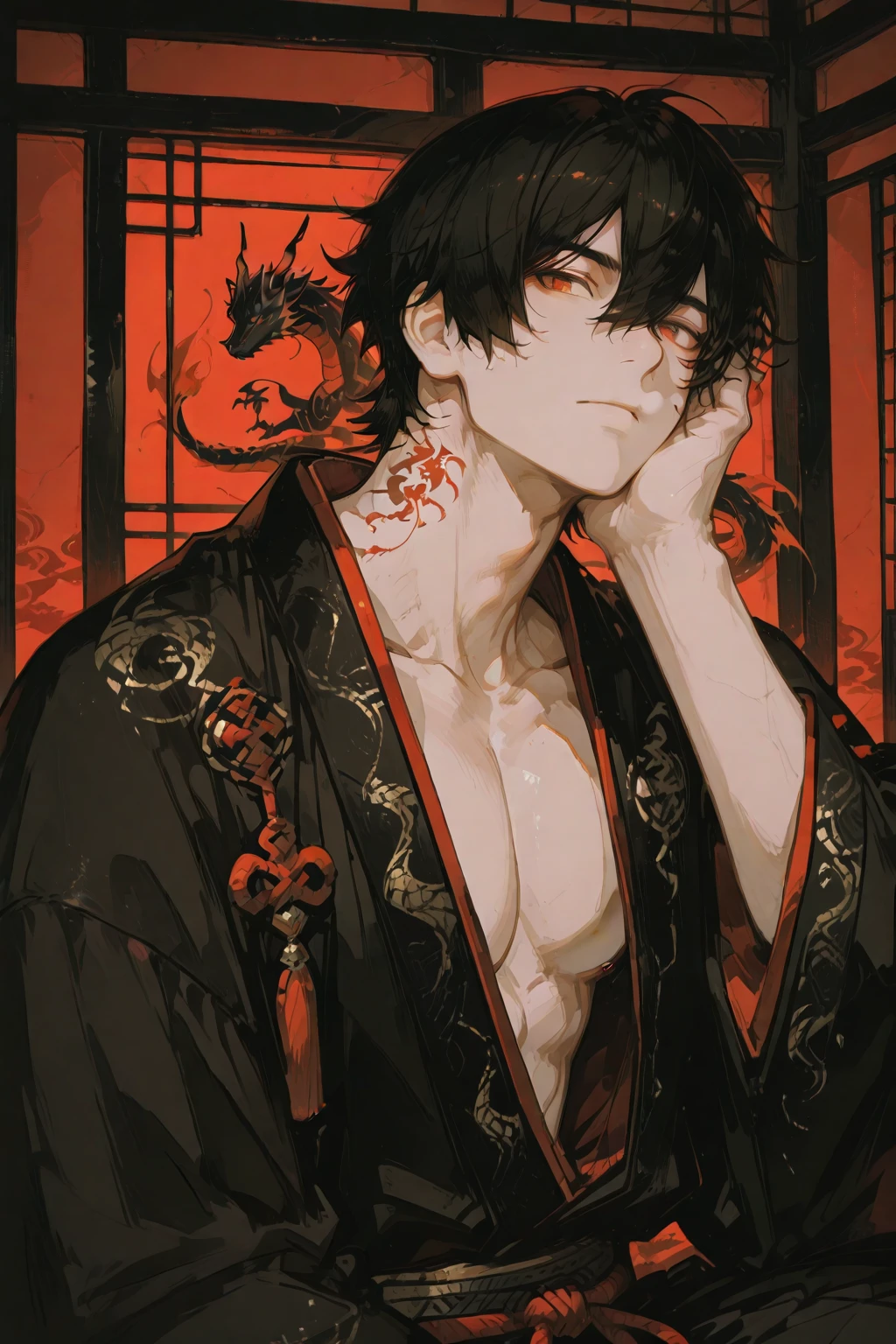 absurdres, highres, ultra detailed, HDR, master piece, best quality, extremely detailed face, delicated features, Xue Yu, untamed spiky hair, black hair, hair between the eyes, short hair,expressive red eyes, Thousand Years War, solo, sexy man sitting, manly man, adult face, handsome, demon, horns, slightly poited ears, showing the chest, black haori, red fantasy robes, accessories, spider lilies patterns, red moon, red blood water, fantasy, magic, envy magical, red trees, forest, red dust, red lanterns, red fire, red floating round lights, Jujutsu Kaisen