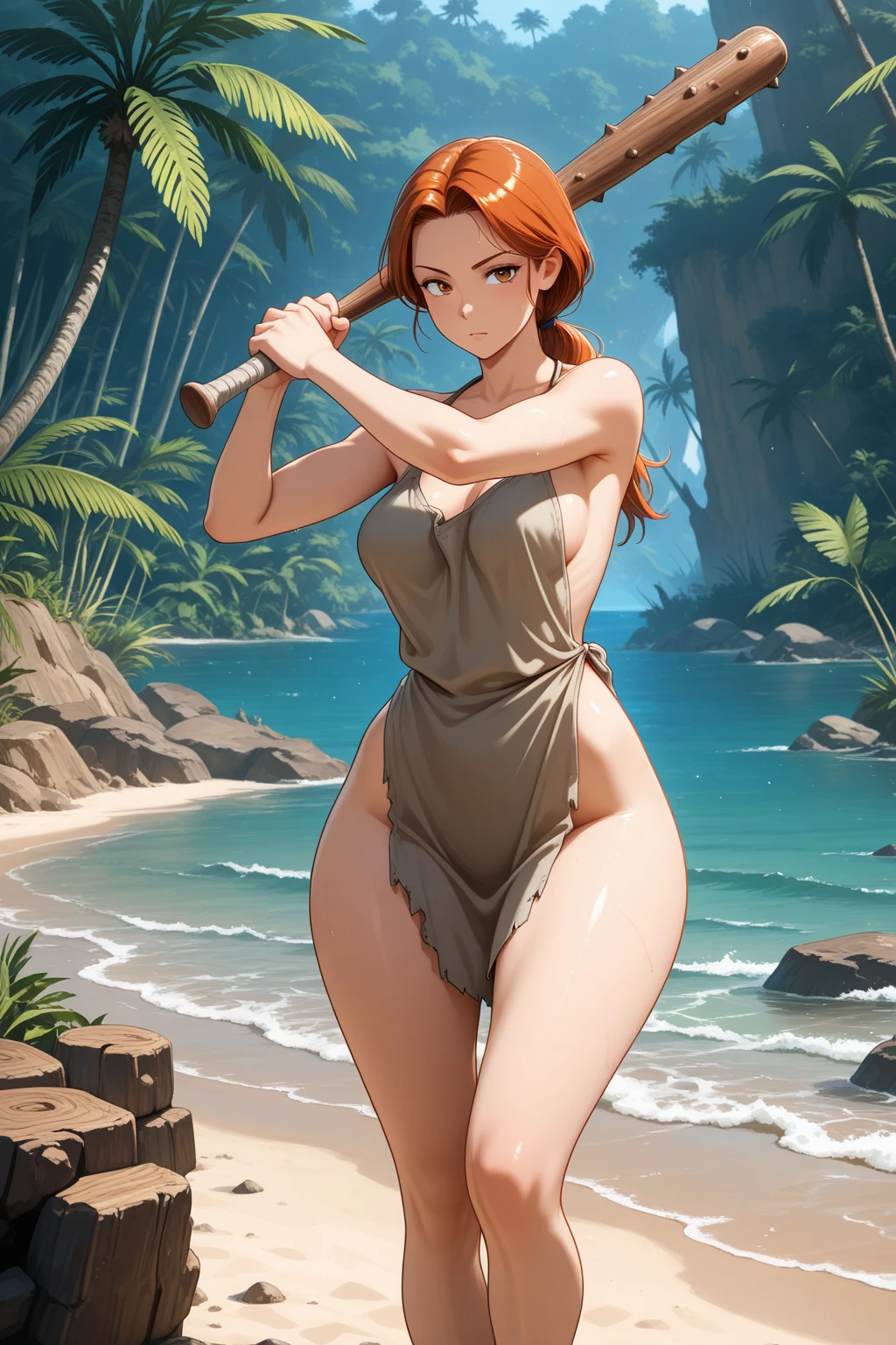 Megara ((nude, back view)) (full figure) at a deserted rocky beach, fun, playful, (depth of field) ((highly detailed, beautiful, masterpiece, best quality)), Megera