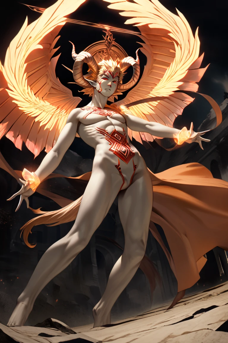 lucifer, angel, 6 wings, nude, orange hair, male, highly detailed, intricate details, dramatic lighting, cinematic atmosphere, vibrant colors, masterpiece, photorealistic, 8k, ultra-detailed, hyperrealistic, dramatic pose, powerful, mystical, ethereal, glowing, divine, celestial, sacred, mythology, fantasy, epic, cinematic, chiaroscuro lighting, dramatic shadows, volumetric lighting, depth of field, bokeh