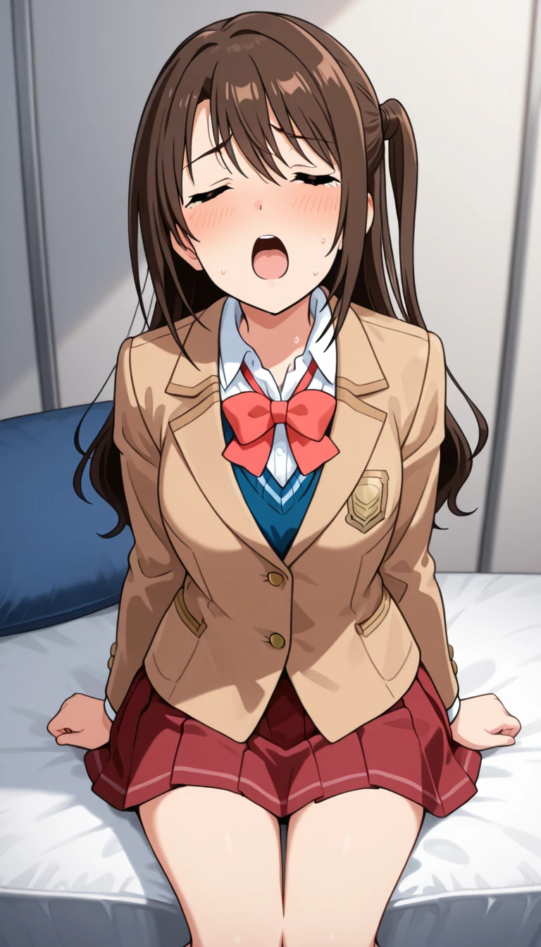{{{masterpiece}}}, {{{best quality}}}, {{ultra-detailed}}, {illustration}, {{an extremely delicate and beautiful}}, 8k, NSFW, solo, 1girl, uzuki shimamura(iDOLM@STER Cinderella Girls), cute face, brown eyes, long hair, brown hair, braid, medium breasts, , blazer, brown blazer, white shirt, pink bowtie, red skirt, pleated skirt, plaid skirt, BREAK, NSFW, anime girl nude and in bed spreading her pussy lips wide, 1girl, solo, (spread pussy wide:1.2),(pussy focus:1.3), (bare pussy:1.3), (Vaginal hole:1.1),(urethra:1.1),(Kupaa:1.1), open vagina, clitoris, spread vagina by both hands, crotch grab, nail, looking at viewer, spread legs, {{open vagina, spread pussy, pussy, clitoris glans, urethra, vaginal opening, labia minora, uterus, smooth pussy}}, taking off clothes, open clothes, Open shirt, open jacket, lift up jacket, breasts, nipples, lift up skirt, blush,open mouth,embarrassed,naughty expression, raise your legs, M-shaped spread your legs, on the bed, uncensored