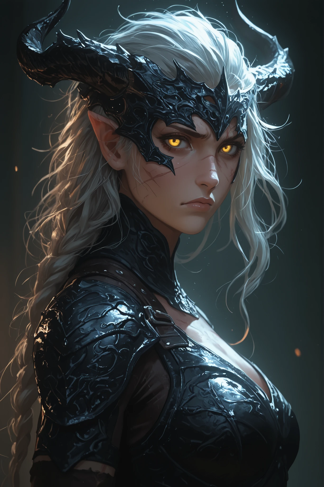 a barbarian warrior, with a beautiful face marked with scars, in a back pose where you can see the muscles of her back without losing her sexy appearance, with scars, wearing detailed and tight leather armor, and a horned helmet, her facial expression is a frown and her bright yellow eyes, as if fury were taking over her, the lighting is divided giving very marked shadows and the background is darkness with flames and ashes, in a dark fantasy and Skyrim artistic style