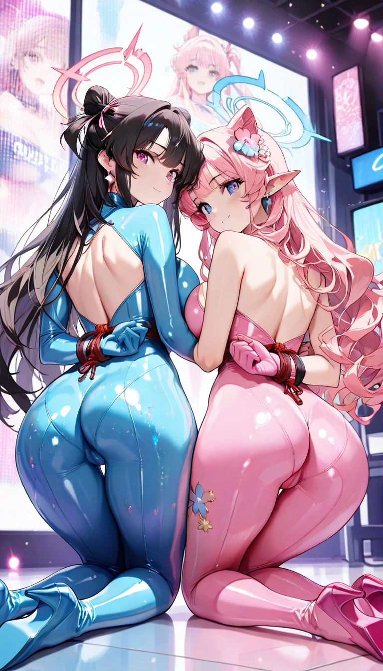 Super detailed、highest quality、best image quality、masterpiece、8K、Anime Face、gentle smile、Sparkling Blue Eyes、Long blonde curly hair、Cat ears grow、Wearing a headband、(SFW huge body)、(((Rear view)))、cowboy shot、(Wearing a pink thong:1.5)、Muscles of the whole body、Woman holding a cat