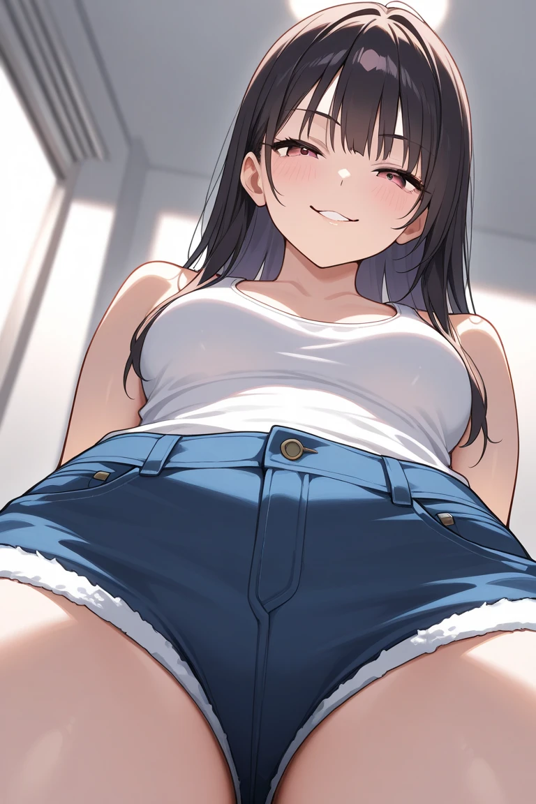 (In the living room)、1girl, (Younger sister kicking)、from the front、Angle from below、(Young face)、(Forehead)、ポニーテール、Super long Hair、((seductive grin)), ((high kicking)),
panties, I have money in my hand、Camisole、Jersey shorts、(1boy), (((penis))), (((eject cum))), The boy collapses under his younger sister and ejaculates from his penis、(The boy had a fight with the younger sister and lost to her.)、In the background, my mother is in the kitchen.、younger sister「Weak... Aniki who lost to younger sister and got a hard dick lol... Pervert masochist lol」