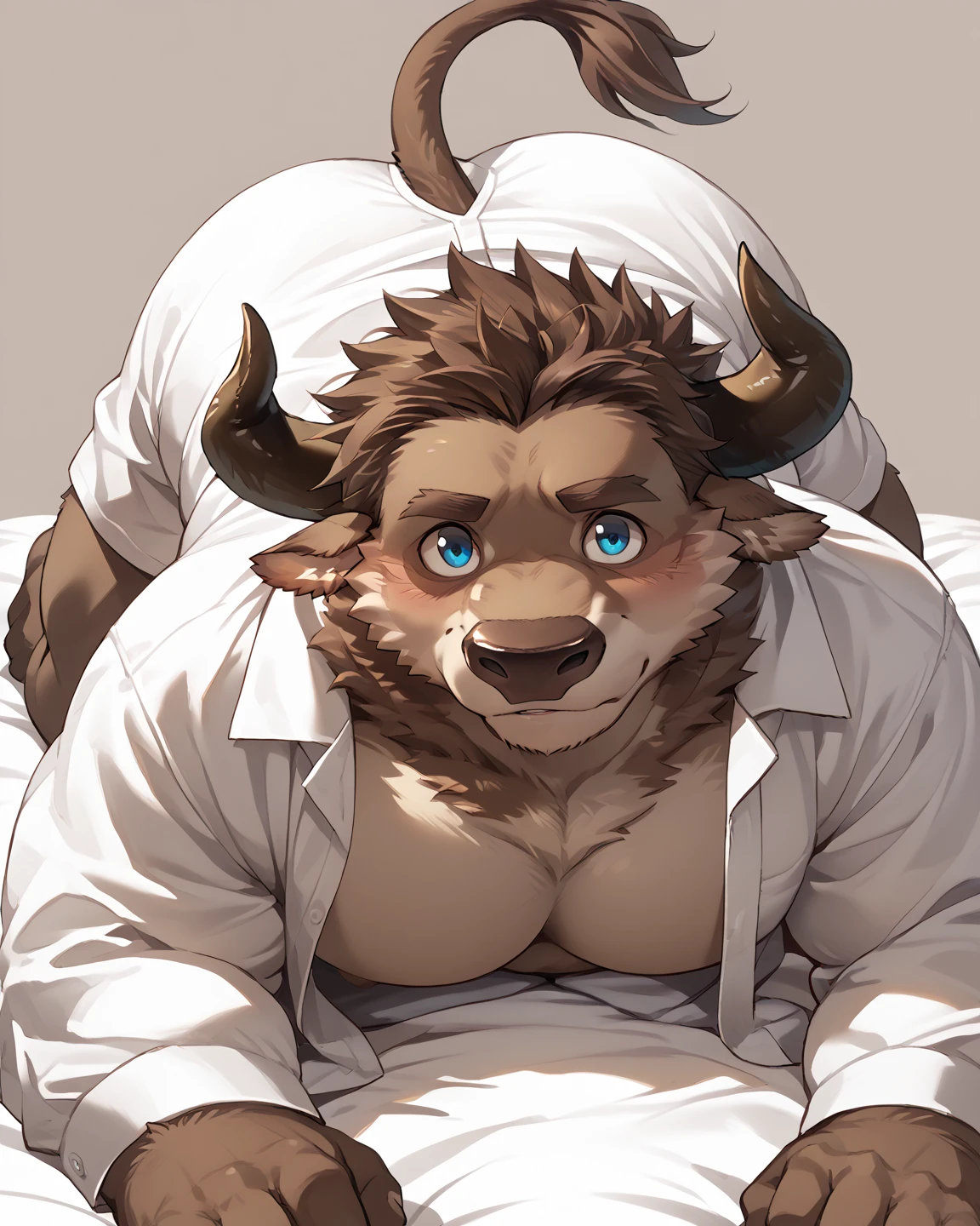 <lora:hermann-09:1>, hermann kc, solo, male, (soft shading), 4k, hi res, face, (full body:1.3), smile, shirt, male focus, collared shirt, pants, suspenders, detailed face, detailed eyes, tusks, lying, lying on bed, posing