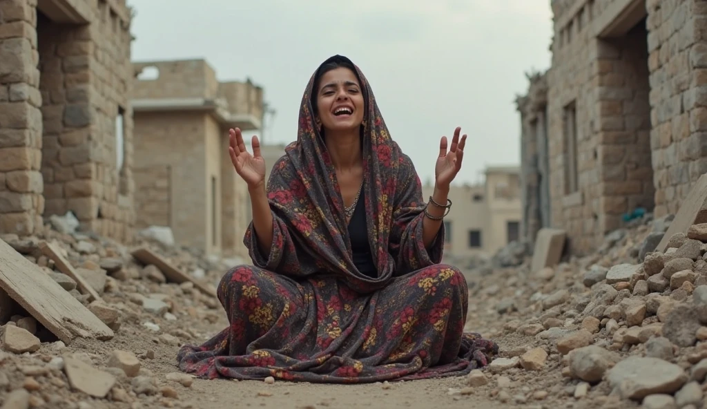 (photorealism:1.2), INDONESIAN WOMAN WITH A SWEET FACE LOOKING AT THE SKY AND SITTING ON HER KNEES WHILE PRAYING, RAISING BOTH OPEN HANDS UP IN A PALESTINIAN CITY IN THE MIDDLE OF DAMAGED BUILDINGS AND BEHIND HER THERE IS AN ISRAELI FLAG