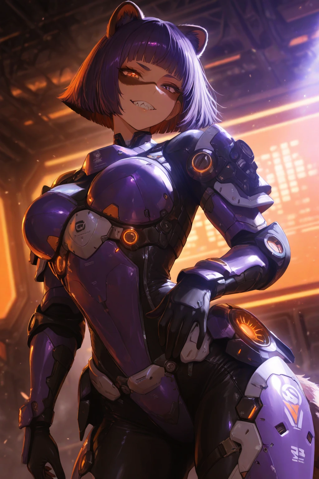 (masterpiece:1.3), best quality, highres, 4k, 8k, tracing detailed, colorful, nsfw, [full_body],female cyborg, mechanical body, (mechanical pussy), {fusion of cyberpunk clothes and micro bikini}, mechanical arms, (covered nipples),(huge breasts),pale purple hair,(hair over one eye),ponytail,long hair,brown eyes, (wide hips),((abs)), squatting, (cameltoe),((view straight on)), wet skin, looking at viewer,intricate (high detail:1.1) body, skindentation, (shiny skin:1.05),(cyberpunk city, neon lights, rain)