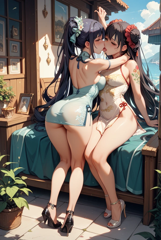 (best quality), (very aesthetic), (ultra-detailed), (best illustration), 2 girls tifa and aerith naked sexy ,Trembling with pleasure, Masturbating while standing, masturbating with a dildo in bed room