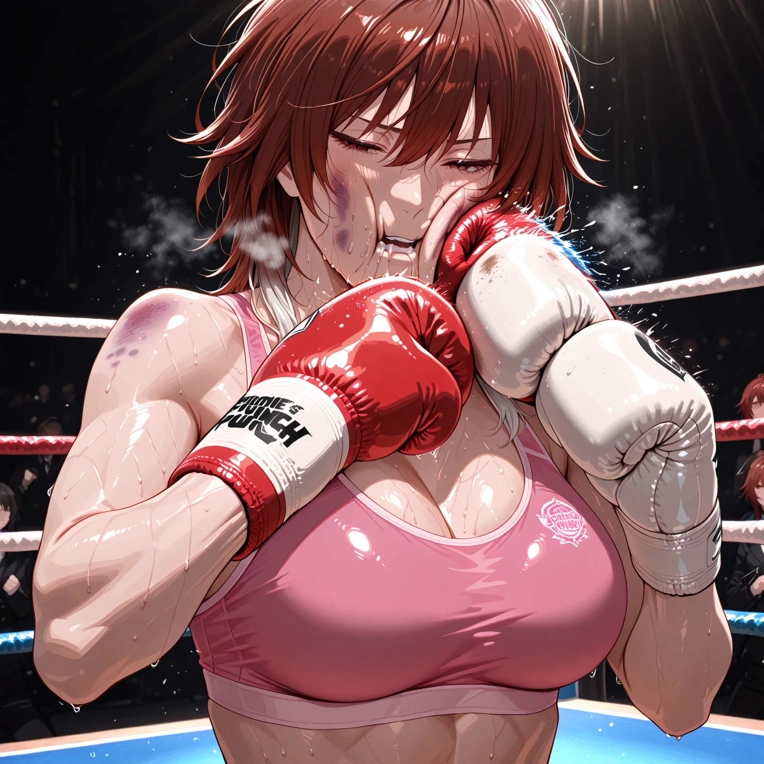 Short cropped brown hair,Female Boxers,((Red Boxing Gloves)),((Black Sports Bra)),well-muscled,abdominals,Large woman,((Lying languidly in the ring)),Boxing matches,Sweat and saliva all over the body,