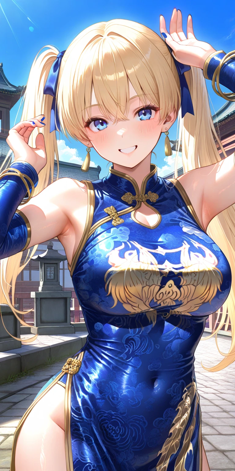 (((masterpiece))), (((best quality))), ((ultra-detailed)), (illustration), ((an extremely delicate and beautiful)), ((super detail)), ((high resolution)), (((20 years old))), metallic cloth, (cheerleader), (android), delicate metal decorations, gleaming skin, shiny body, two legs, breast focus, (((tall))), slender legs, ((big round eyes)), cute eyes, drooping eyes, ((adult)), two hands, five fingers, no extra hands, elegant smile, braid, medium length hair, ((metallic blue)), (see-through), (dark blonde), (ultra-huge breasts), (shining brightly), outdoor, mini skirt, city, daytime,