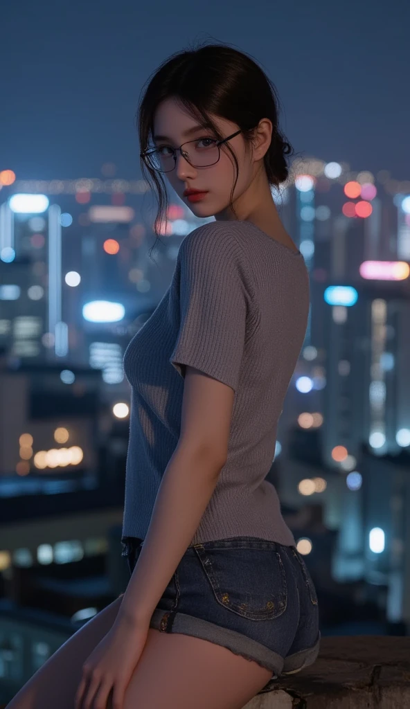 Photorealistic, (close up:1.3, exposed face), wide angle, (seen from below), a balinese young woman wearing wet (long sleeve (nike t-shirt:1.2), oversized t-shirt, hotpants), a hyperrealistic beautiful young girls with grayish blue eyes in glasses, natural sagging breast, high detailed official artwork, beautiful girls with slim fit body and busty posture, long legs, attractive young woman, (atractive sitting poses:1.3, crossed arm hold the breast up), at bench in the (foggy big city:1.2), night view background, rainny day, dubnitskiy david fanart, realistic portrait, smooth photorealistic, perfect visual of a cute girls, cute girls with skinice soft face, face focus, makoto shinkai and artgerm, photon mapping, natural light, warm color tones, vivid colors, cool ambient, foggy atmosphere, short hair