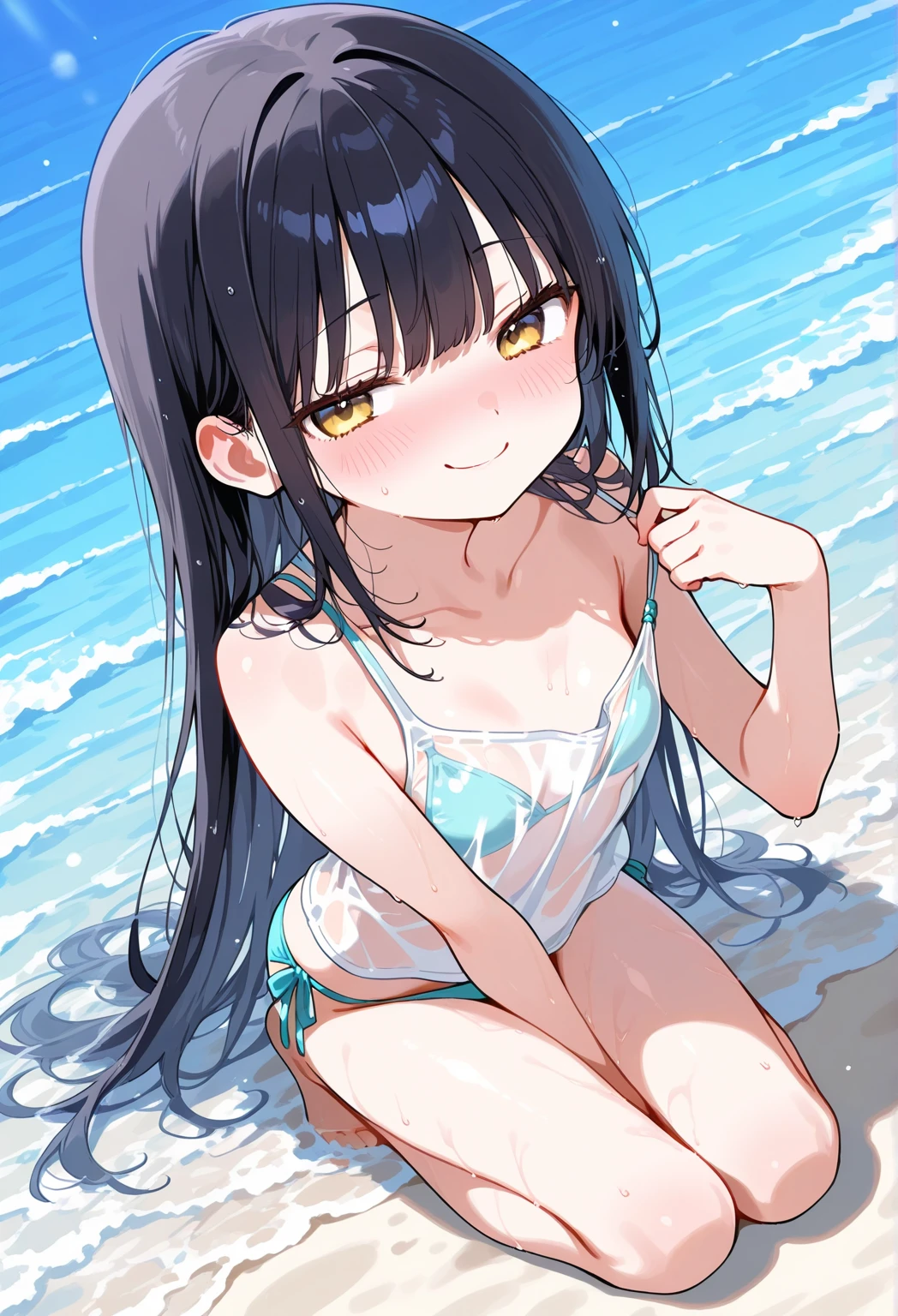 NSFW,masterpiece,Highest quality,High resolution,Super detailed,Yukinoshita Yukino\(My Youth Romantic Comedy is Wrong as Expected\),Black Hair,Long Hair,Light blue eyes,High quality bikini,Halter neck,Small breasts,Embarrassed,blush,beach,Palm tree,Beach parasol,Beach House