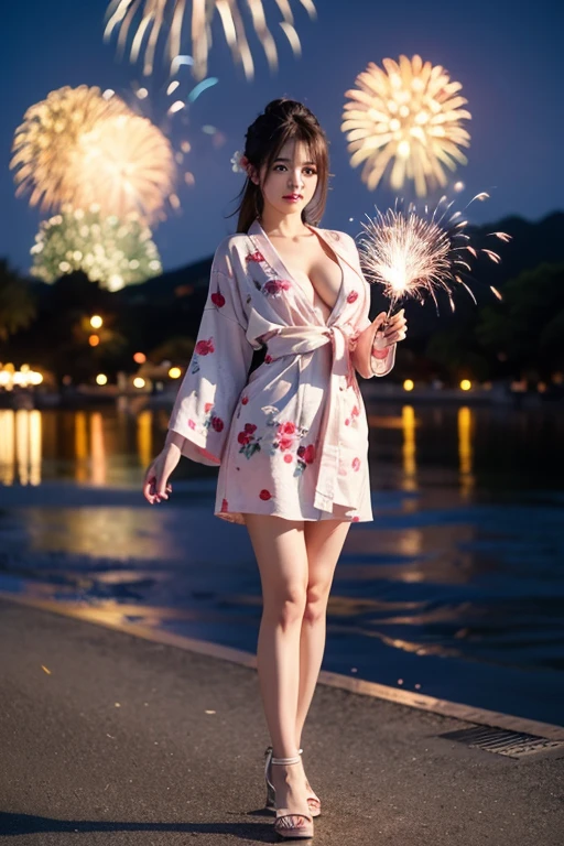 Browsing Caution, 8K Raw Photos, highest quality, masterpiece, Ultra-high resolution, Film Grain, movie, One girl, View Viewer, Natural skin texture, Realistic eye and facial details, full 唇, Lip tick, (compensate), Red eyeshadow, Fluffy short hair,Korean beauty style,Japanese Kimono(Pink based floral pattern),smile, Close your mouth, beautiful feet, Tall Woman, skinny, slim_feet, alone, Large Breasts, Cleavage,Natural pose with fireworks in the background,Brown Hair,Bracelet,Night view,Depth of written boundary