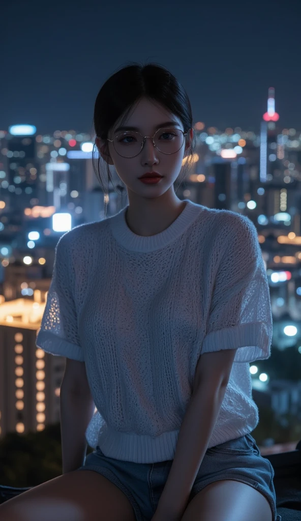 Photorealistic, (close up:1.3, exposed face), wide angle, (seen from below), a japanese young woman wearing wet (long sleeve (floral t-shirt:1.2), oversized t-shirt, hotpants), a hyperrealistic beautiful young girls with grayish blue eyes in glasses, natural sagging breast, high detailed official artwork, beautiful girls with slim fit body and busty posture, long legs, attractive young woman, (atractive sitting poses:1.3, crossed arm hold the breast up), at bench in the (foggy big city:1.2), night view background, rainny day, dubnitskiy david fanart, realistic portrait, smooth photorealistic, perfect visual of a cute girls, cute girls with skinice soft face, face focus, makoto shinkai and artgerm, photon mapping, natural light, warm color tones, vivid colors, cool ambient, foggy atmosphere