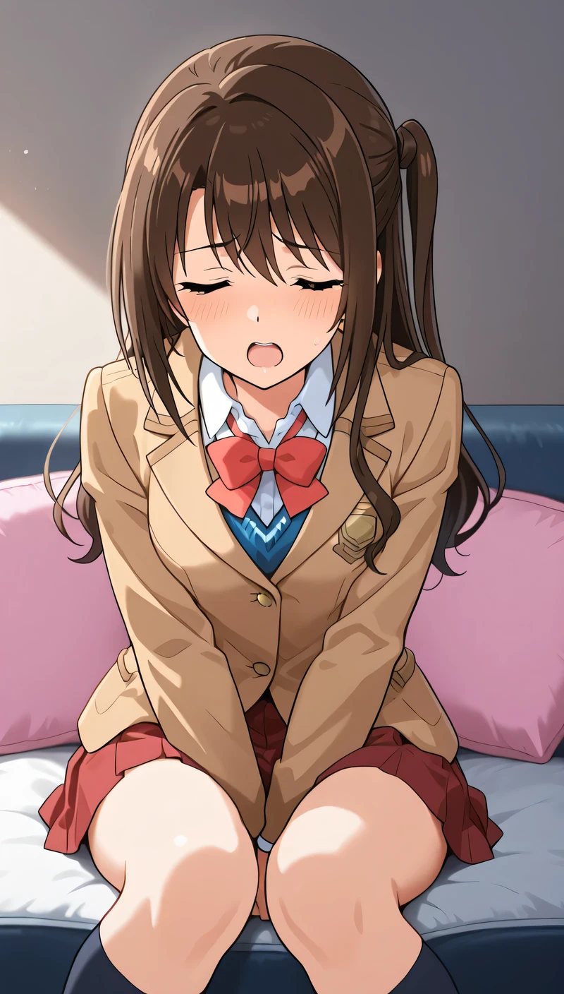 An image of Shimamura Suzuki, humiliated, brown hair, long hair, one side up, school uniform, red bow tie, brown blazer , red pleated skirt. Sitting on your knees on a pillow, pillow between legs, moaning